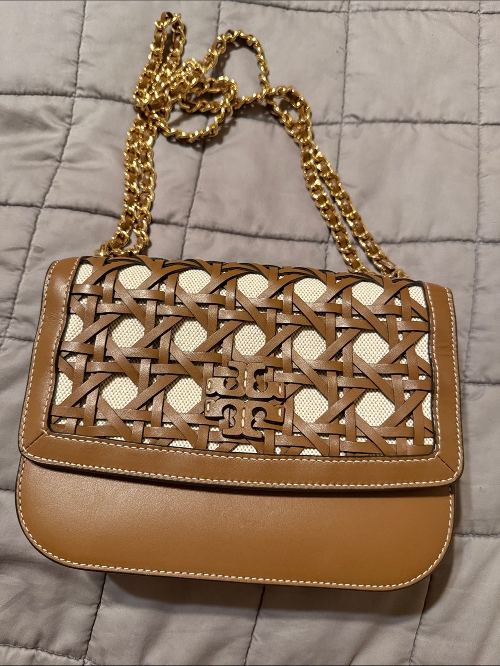 Tory Burch Brown and Cream Woven Leather Crossbody with Gold Chain